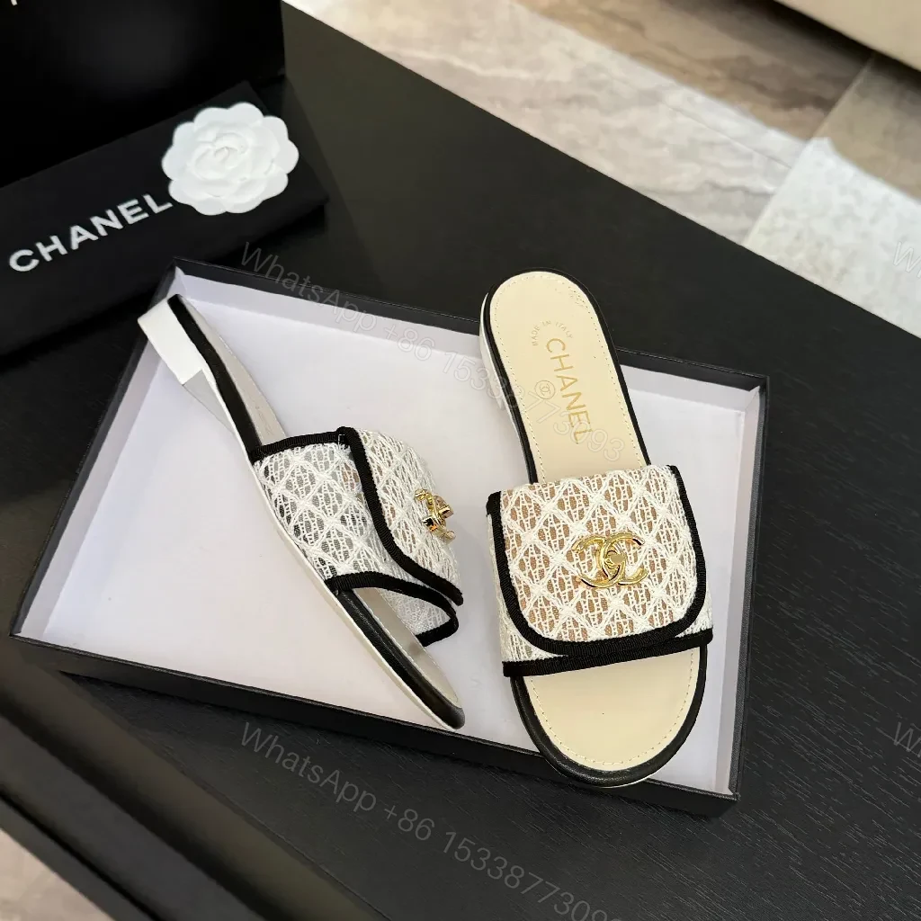 View 9 of Lace-Textured Slide Sandals with Gold Emblem, Open-Toe, Luxury Style