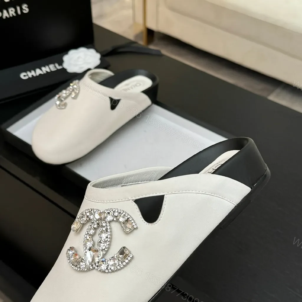 View 2 of Light-Gray Satin Mules with Crystal Emblem - Subtle Glamour