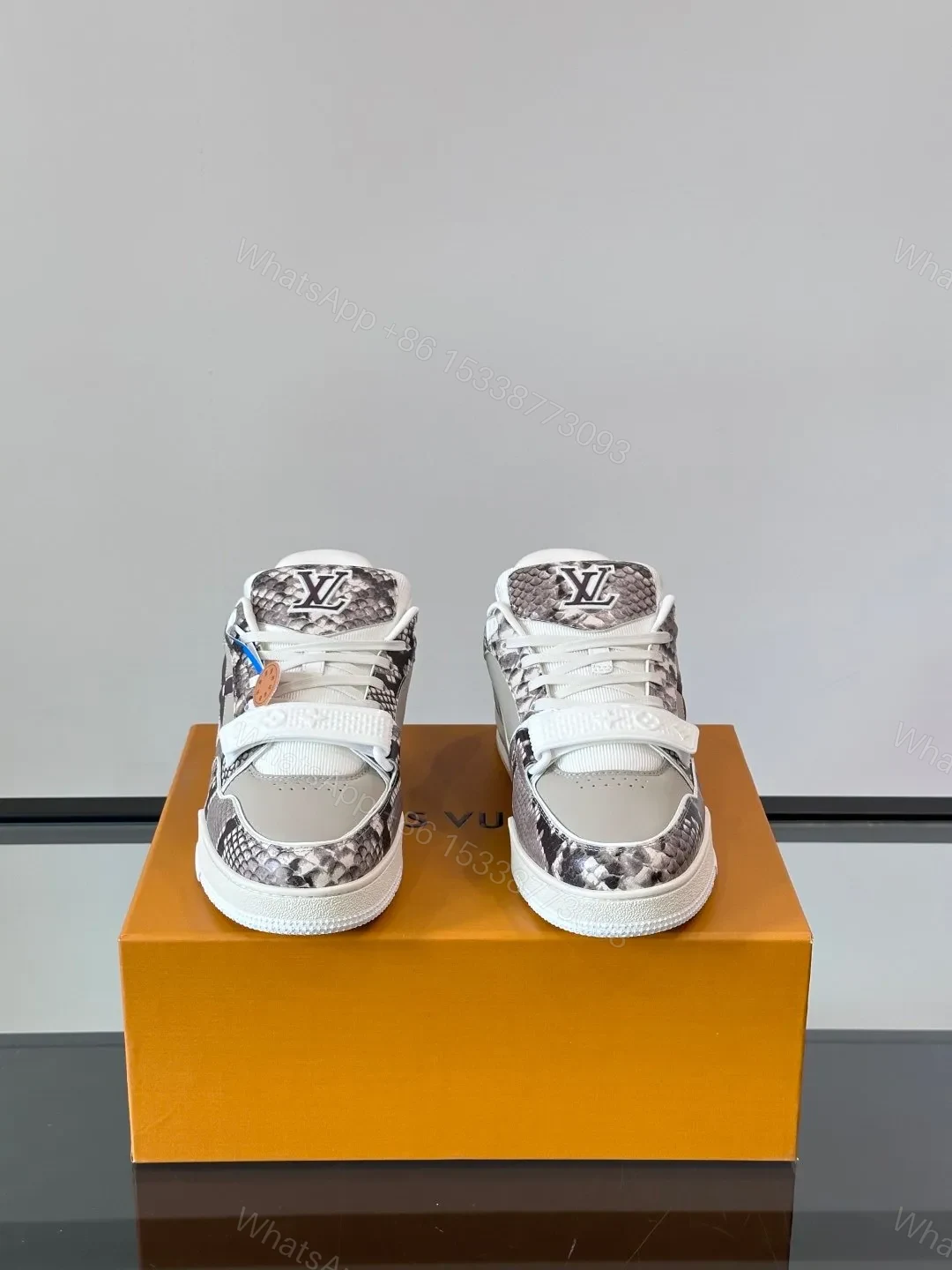 View 2 of LV Men Grey Snake Print Leather Sneakers