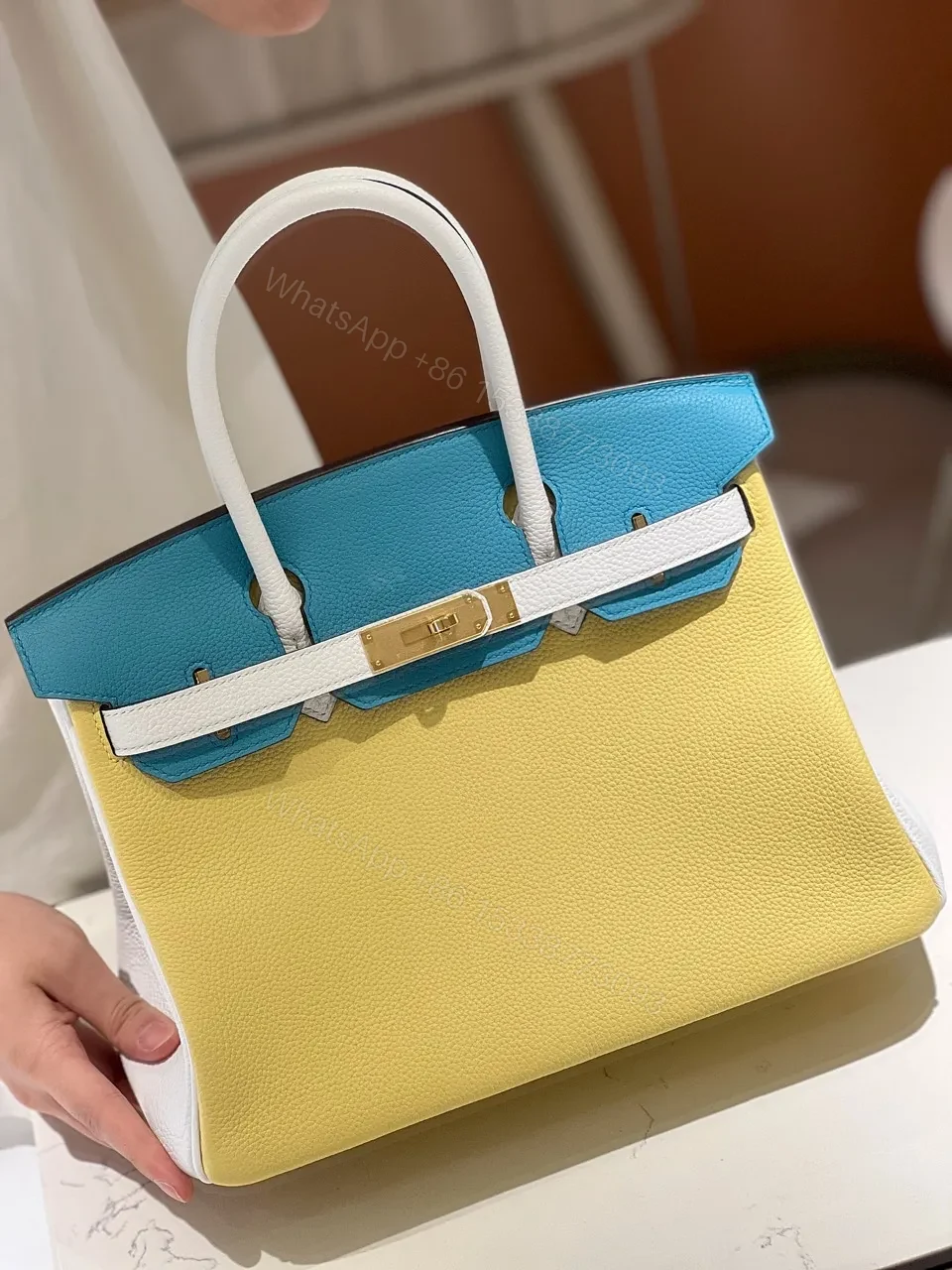 View 5 of HN Lime, Bleu de Galice and Gris Perle Chèvre Tri-Color HSS 25 Brushed Gold Hardware
