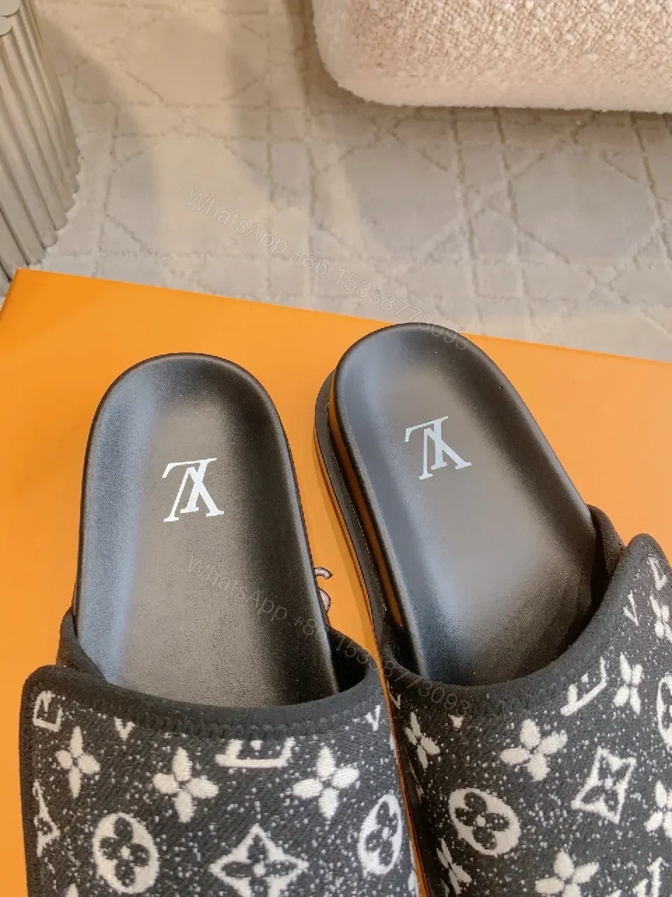 View 9 of Monochrome LV-Pattern Slides: Luxury Comfort for All-Day Wear