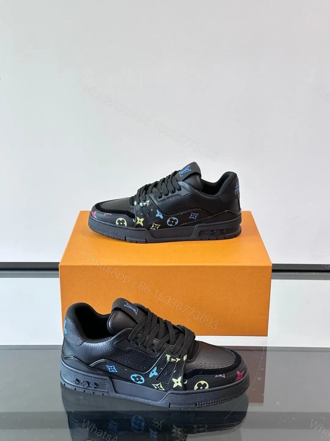 View 4 of LV Men Black Leather Sneakers With Multicolor Accents