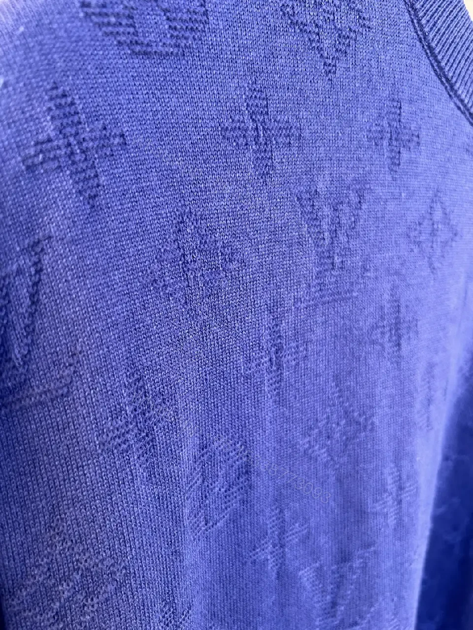 View 2 of Royal Blue Knit T-Shirt with Tonal LV Pattern, Crew Neck