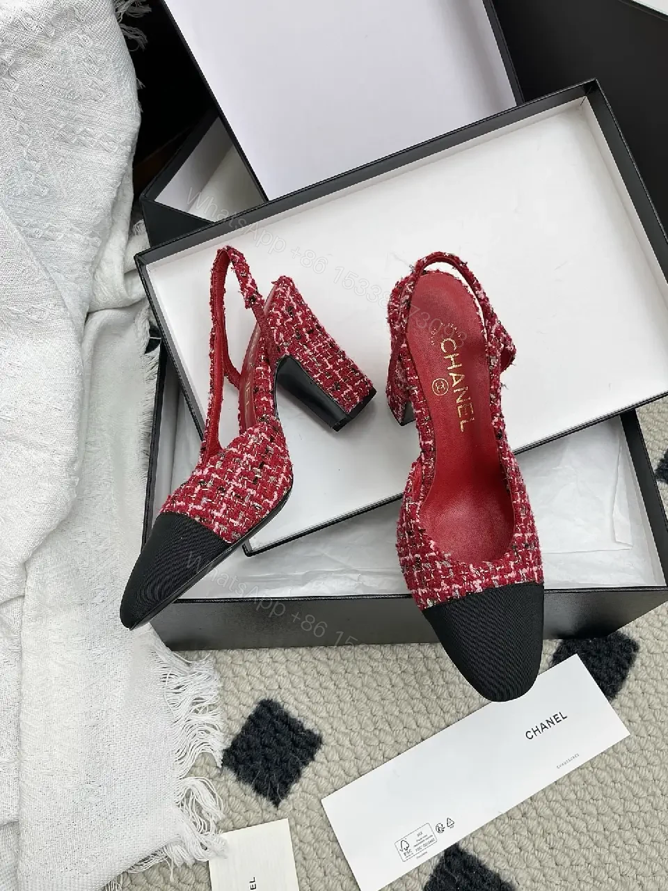 View 2 of Red & Black Tweed Slingback Heels with Luxury Details
