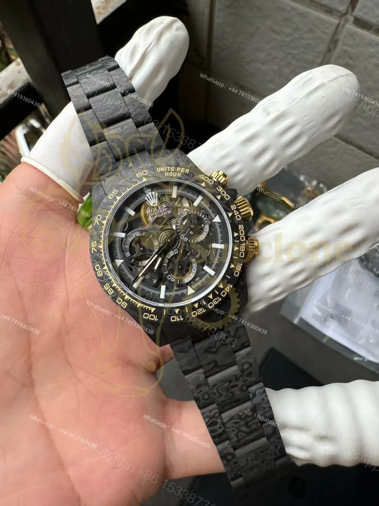 View 7 of Rolex Super Clone Carbon Fiber Daytona Gold Accents Full Carbon Bracelet