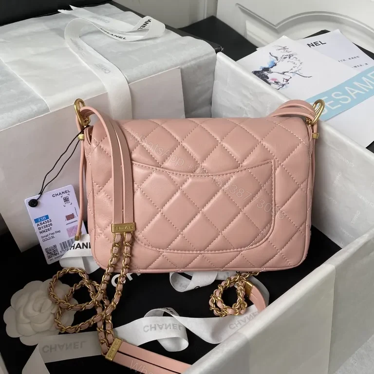 View 9 of Soft Pink Quilted Leather Shoulder Bag with Gold Hardware - Lux Collection