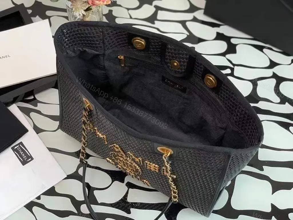 View 9 of Structured Black Caviar Tote: Chain-Accent, CHANEL-Inspired Luxury Tote