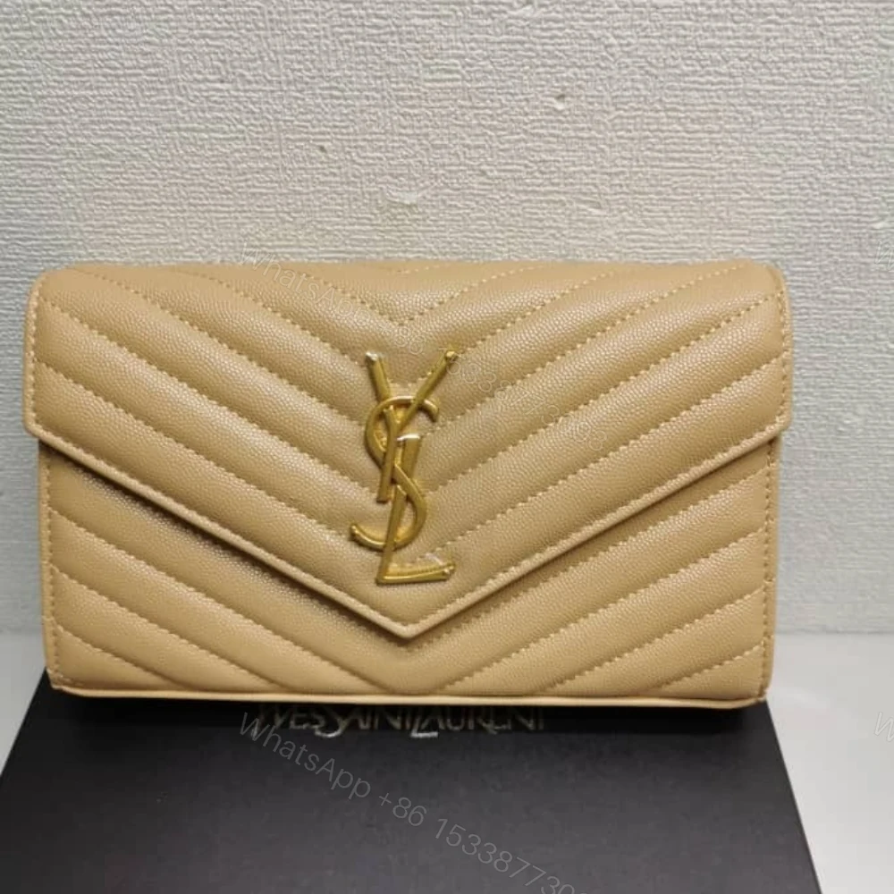 View 3 of Saint Laurent Cassandre Matelassé Chain Wallet In Grain De Poudre Embossed Beige 22Cm