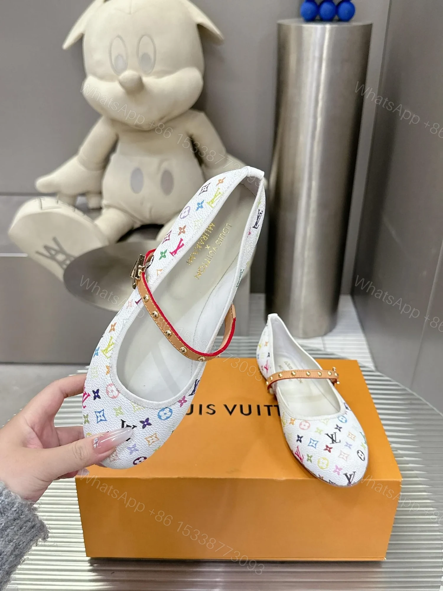 View 6 of LV Women White Canvas Multicolor Print Leather Strap Flats