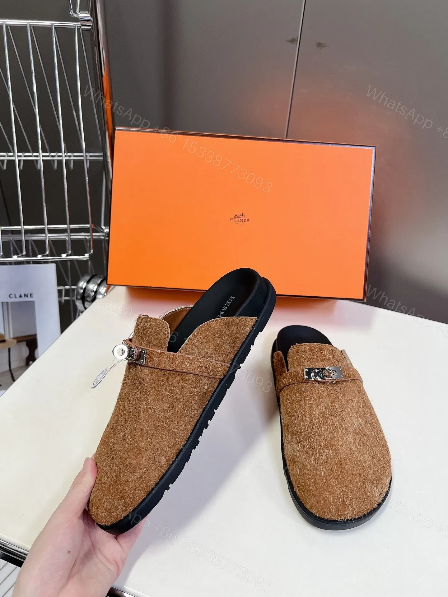 View 3 of Hermes Women Brown Haircalf Leather Slippers