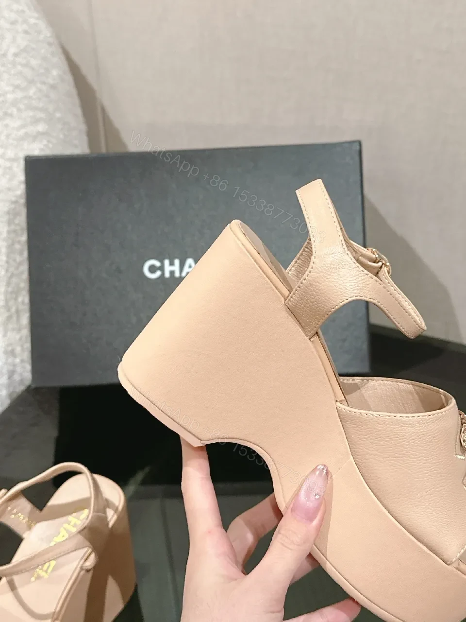 View 2 of Soft Pink Platform Sandals with Signature Emblem Themed Leather