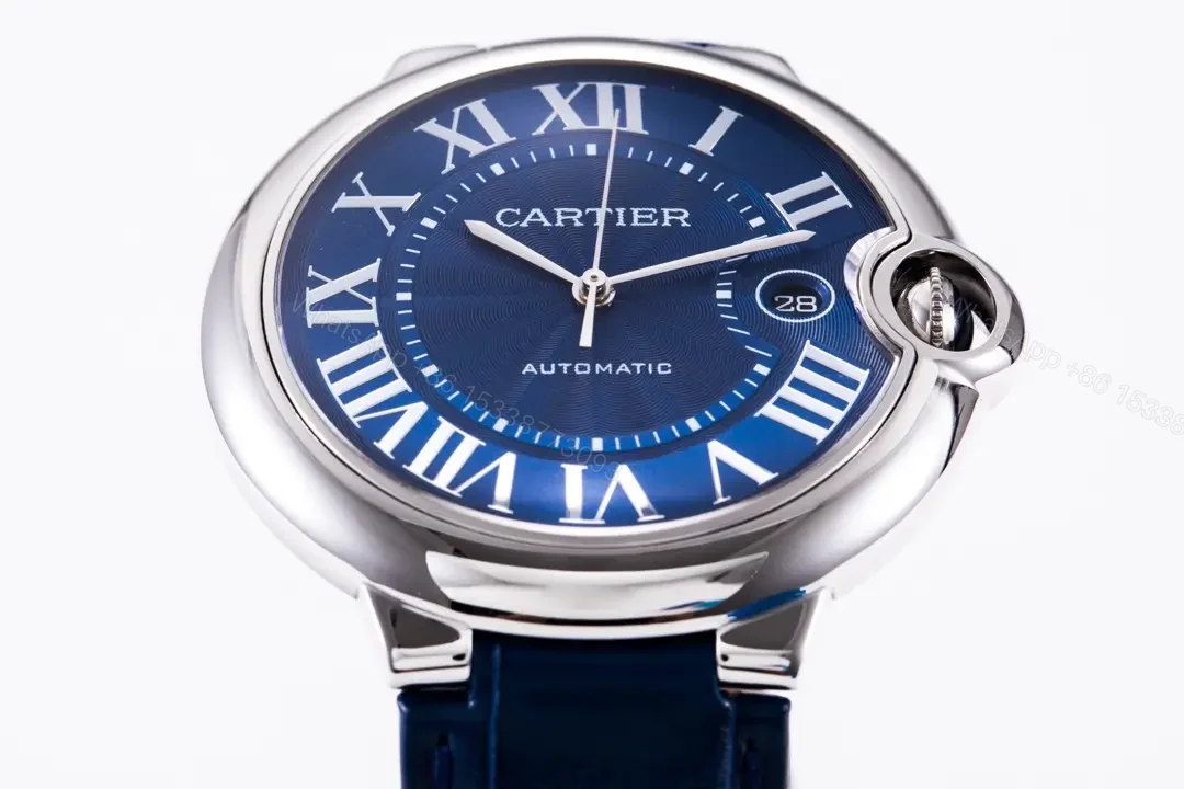 View 3 of JF Factory Cartier Ballon Bleu 42mm Blue Dial Stainless Steel Automatic Watch with Mississippi Alligator Leather Strap