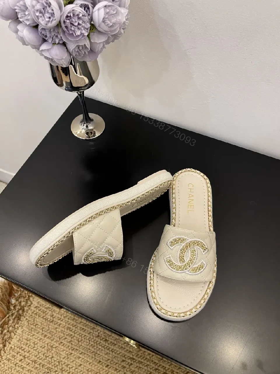 View 8 of Taupe Leather Slip-Ons: Luxe Logo Chic Comfort Sandals