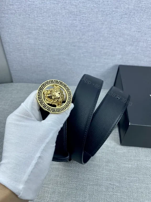 View 7 of Slim Black Leather Belt with Gold Medusa Buckle - Versace Style Belt
