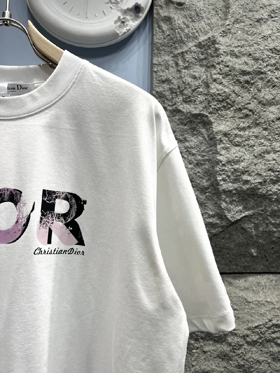 View 6 of White Cotton Tee with Distressed Gradient Logo - Relaxed Fit Top
