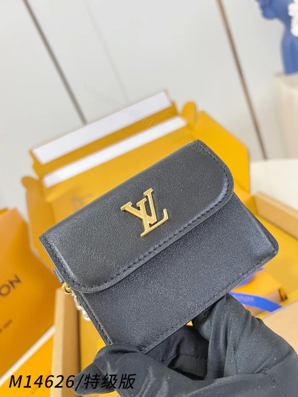 View 2 of Compact Black Canvas Wallet with Gold Accent, Slim, Luxurious, Cardholder