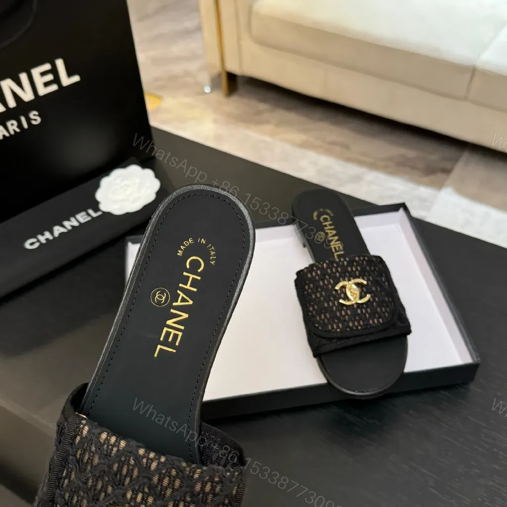 View 9 of Lux Black Chanel-Texture Slide with Gold Logo Accent