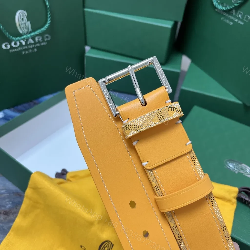 View 9 of Yellow Leather Belt with Signature Pattern, Premium Craftsmanship, Modern Style, Adjustable Comfort