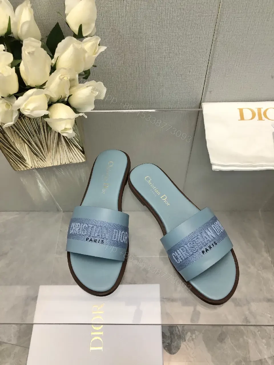 View 6 of Blue Denim Strap Slide Sandals Dior Paris Style Lightweight Comfort Sandal