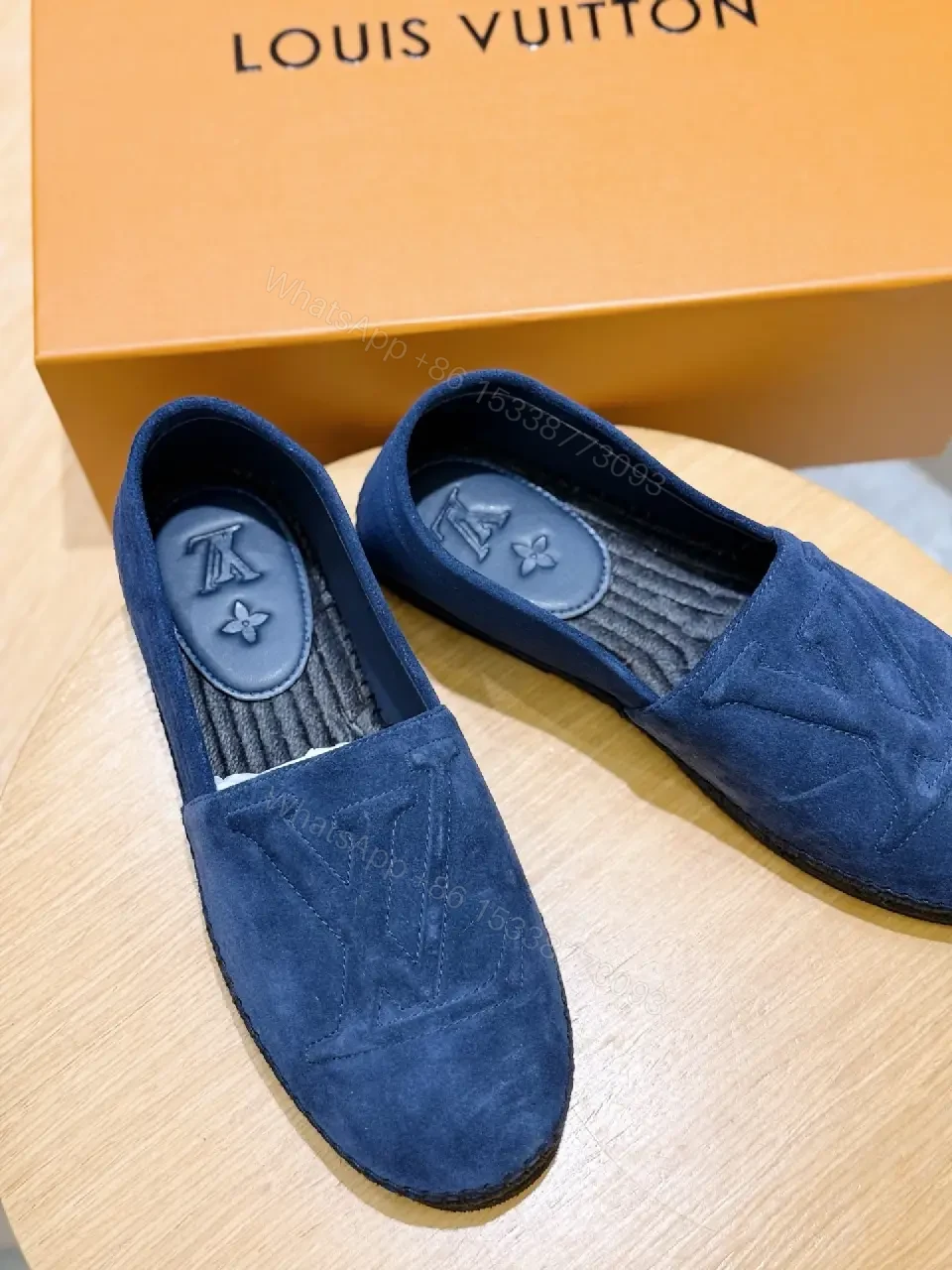 View 4 of Navy Suede LV-Embellished Slip-Ons: Quiet Comfort