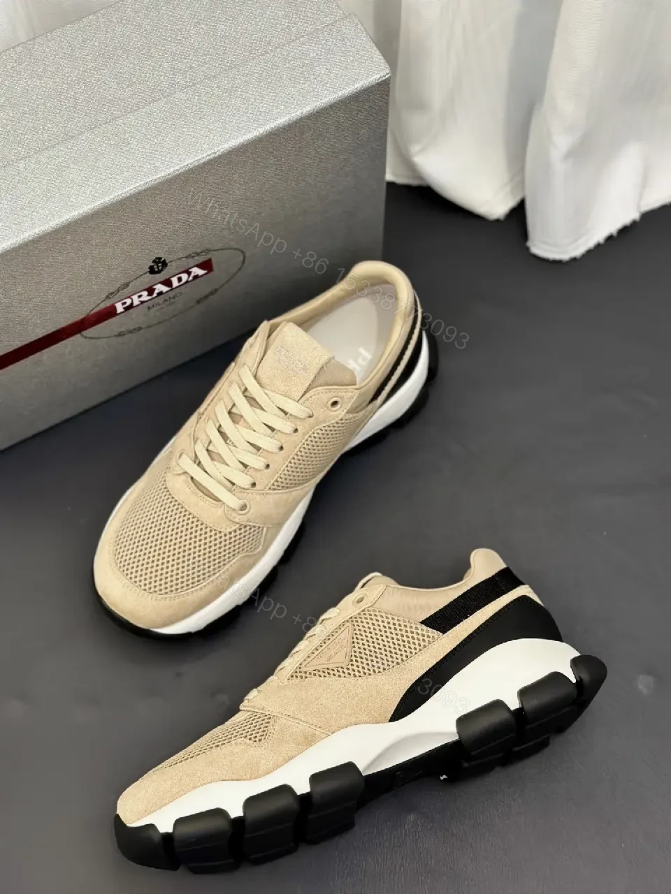 View 6 of Beige Mesh & Suede Sneakers, Lightweight Runner Style, Prada Lookalike