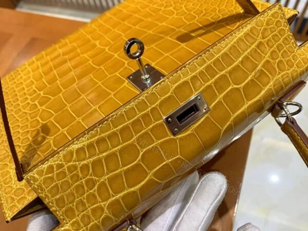 View 6 of Hermes Kelly bag 25 Sellier Jaune ambre Genuine Alligator Crocodile skin Gold hardware