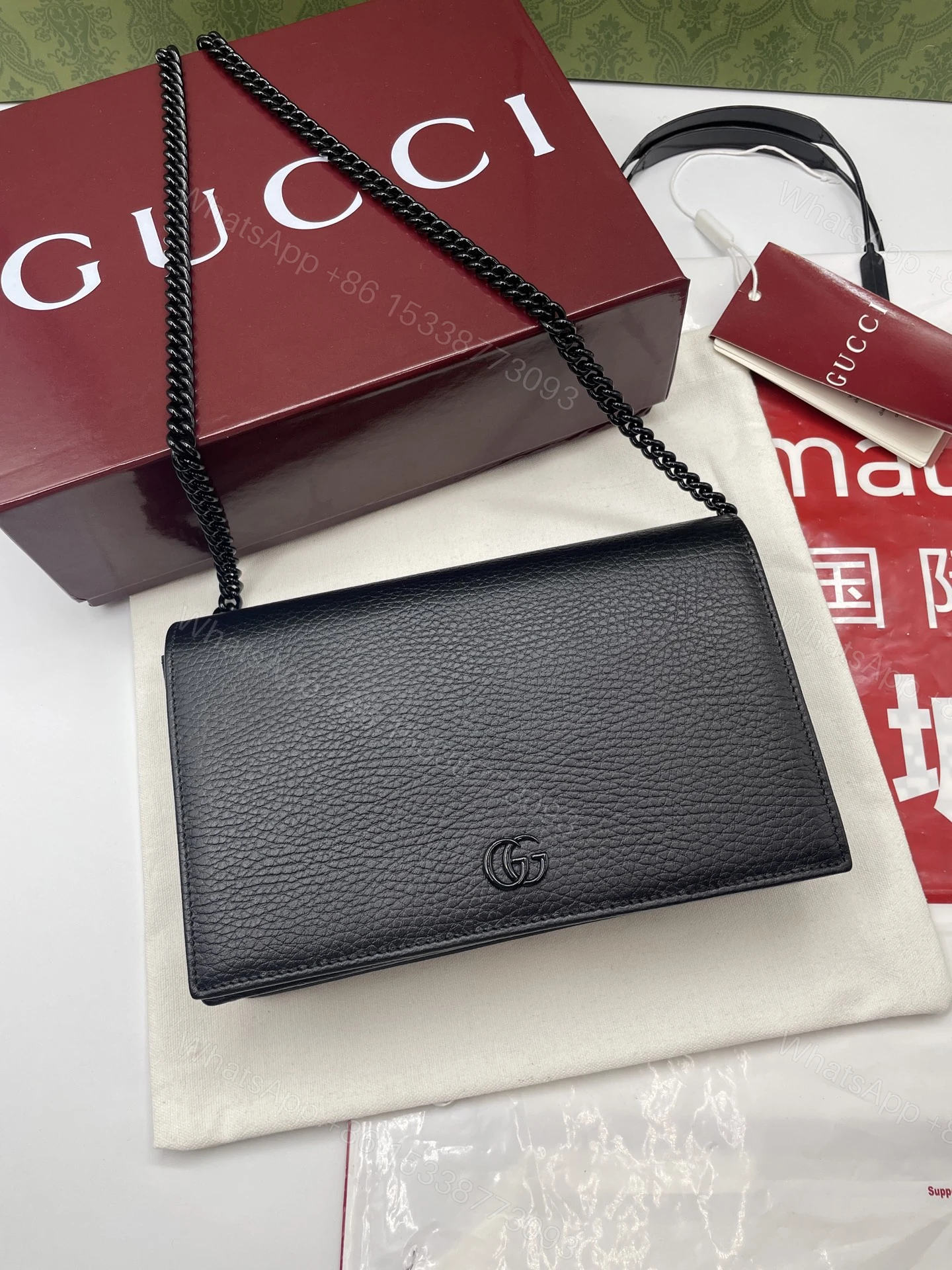 GUCCI A貨全黑信封包 女士荔枝皮全黑鏈條設計 極簡酷感百搭款 — view 1