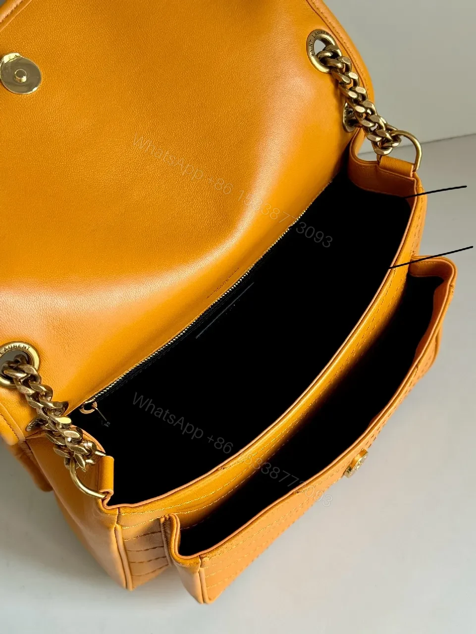 View 8 of Mustard Quilted Leather Crossbody with Chain Strap