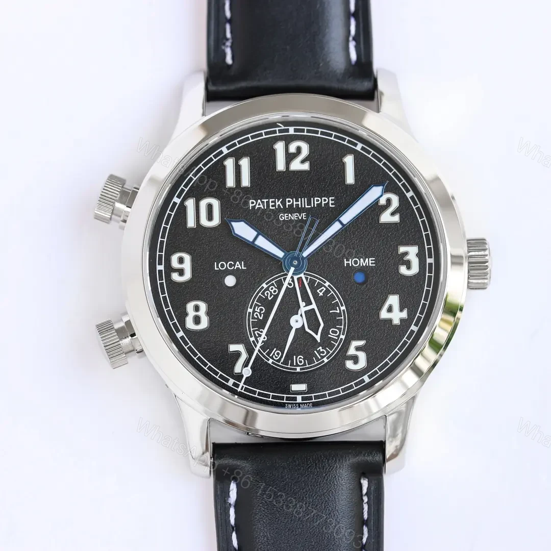 Patek Philippe Calatrava Pilot Travel Time Watch Dual Time Zone Rose Gold Coffee/Deep Blue Dial 42mm Stainless Steel Case Blue Leather Strap — view 1