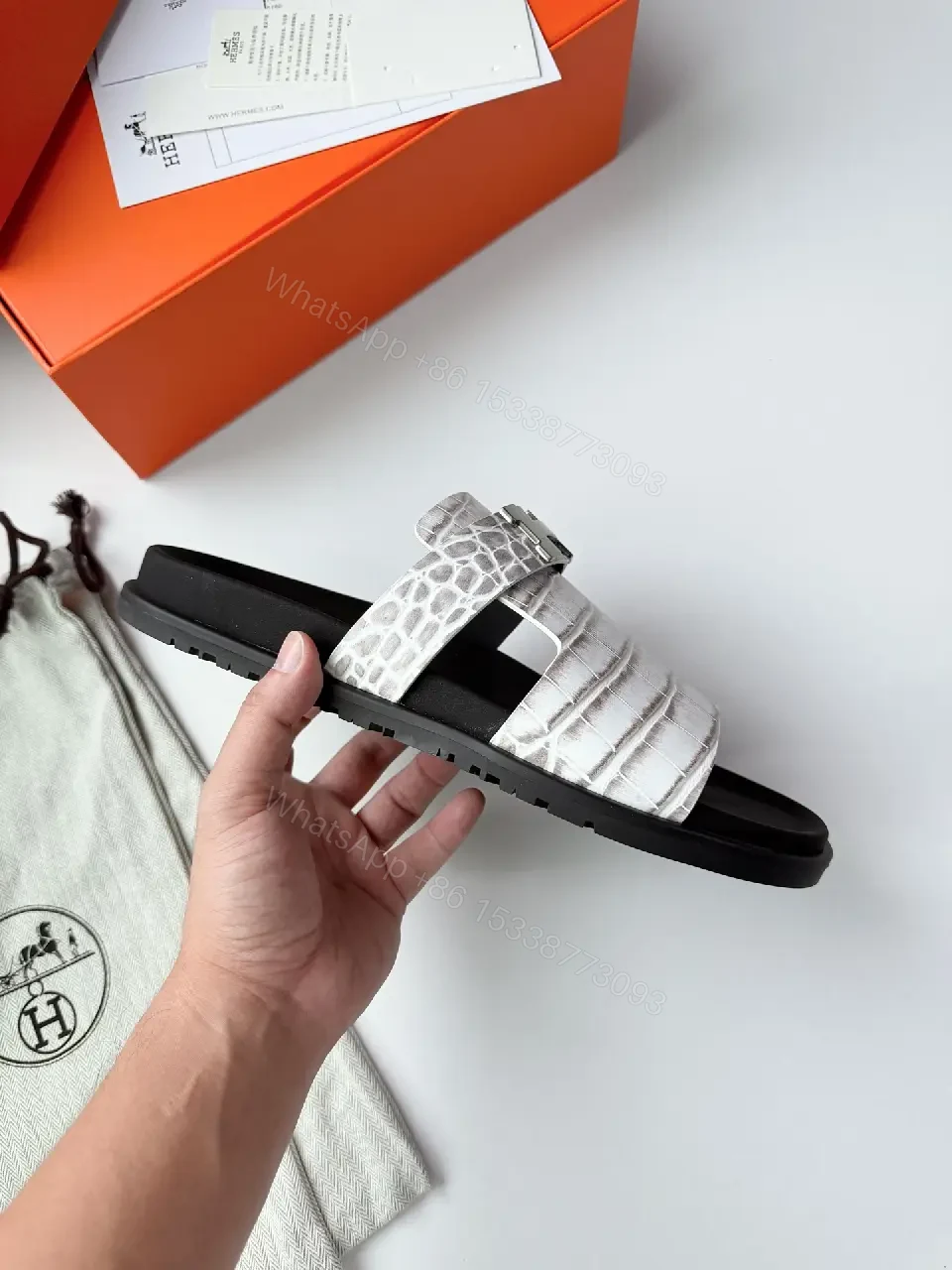 View 3 of White Crocodile-Texture Leather Slides Hermes Style Belt Sandals