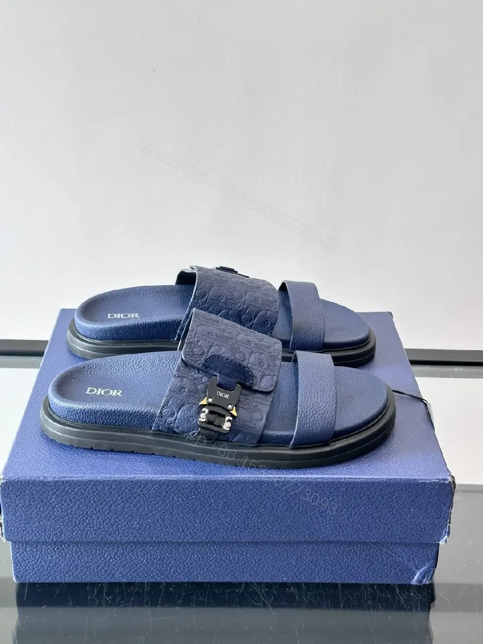 View 5 of Navy Leather Dior-Logo Slide Sandals with Buckle