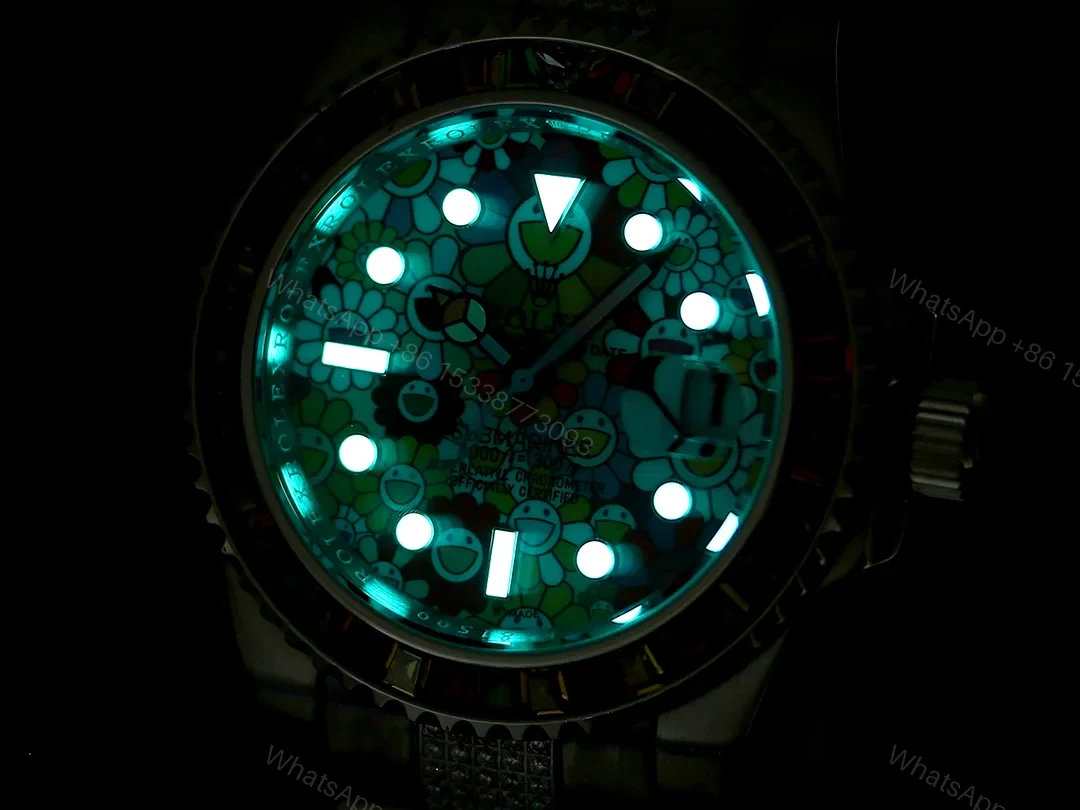 View 5 of Rolex Submariner Colorful Rainbow Replica 42MM Premium Pavé Oyster Bracelet RG-ROLEX-SUB-COLORFUL-RAINBOW-42