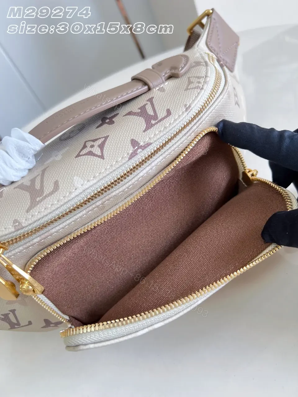 View 3 of Beige Canvas LV-Pattern Crossbody Bag with Gold Zippers