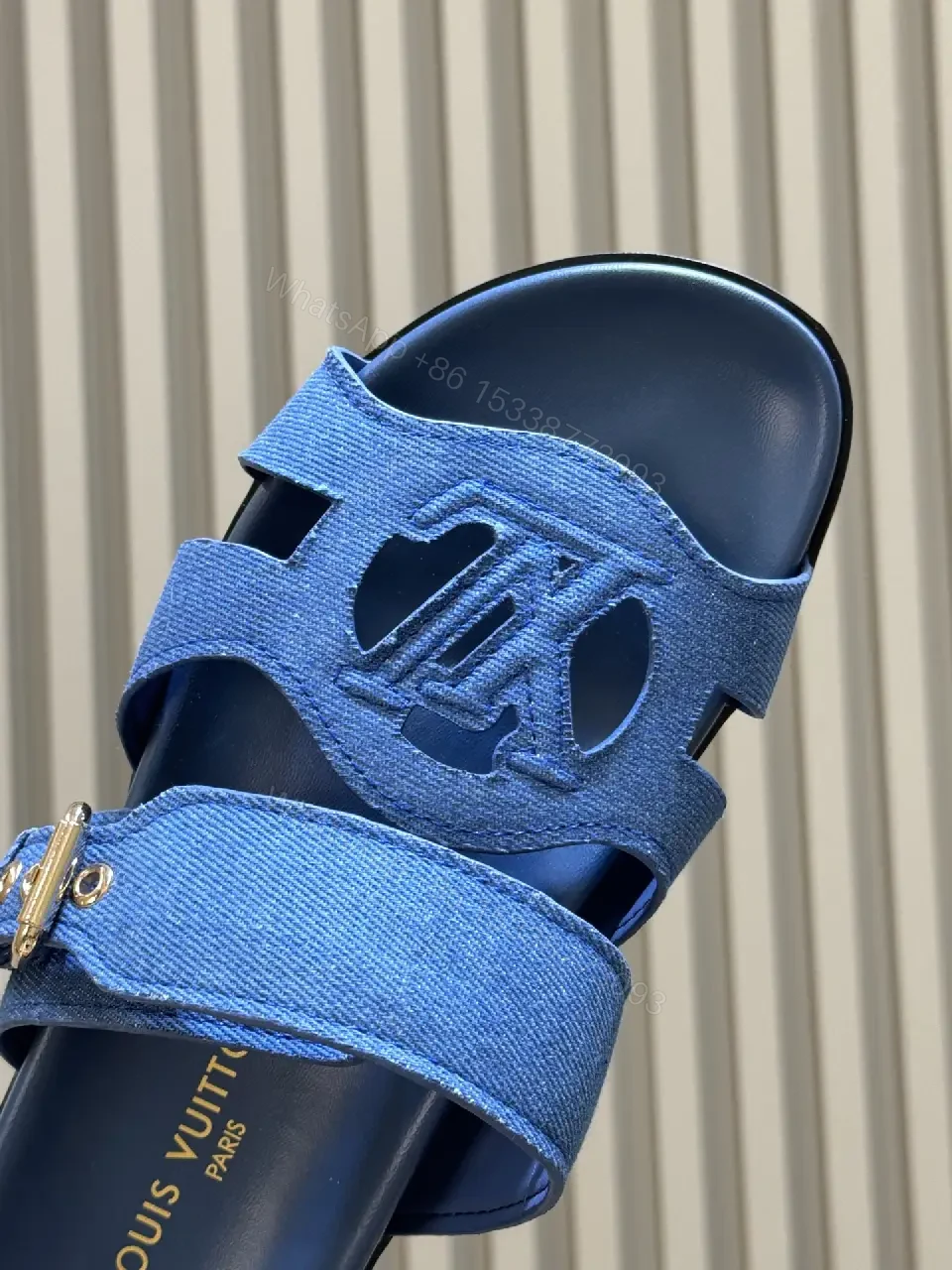 View 7 of Blue Denim Luxury Sandals, Louis Vuitton Style, Open Toe Slides