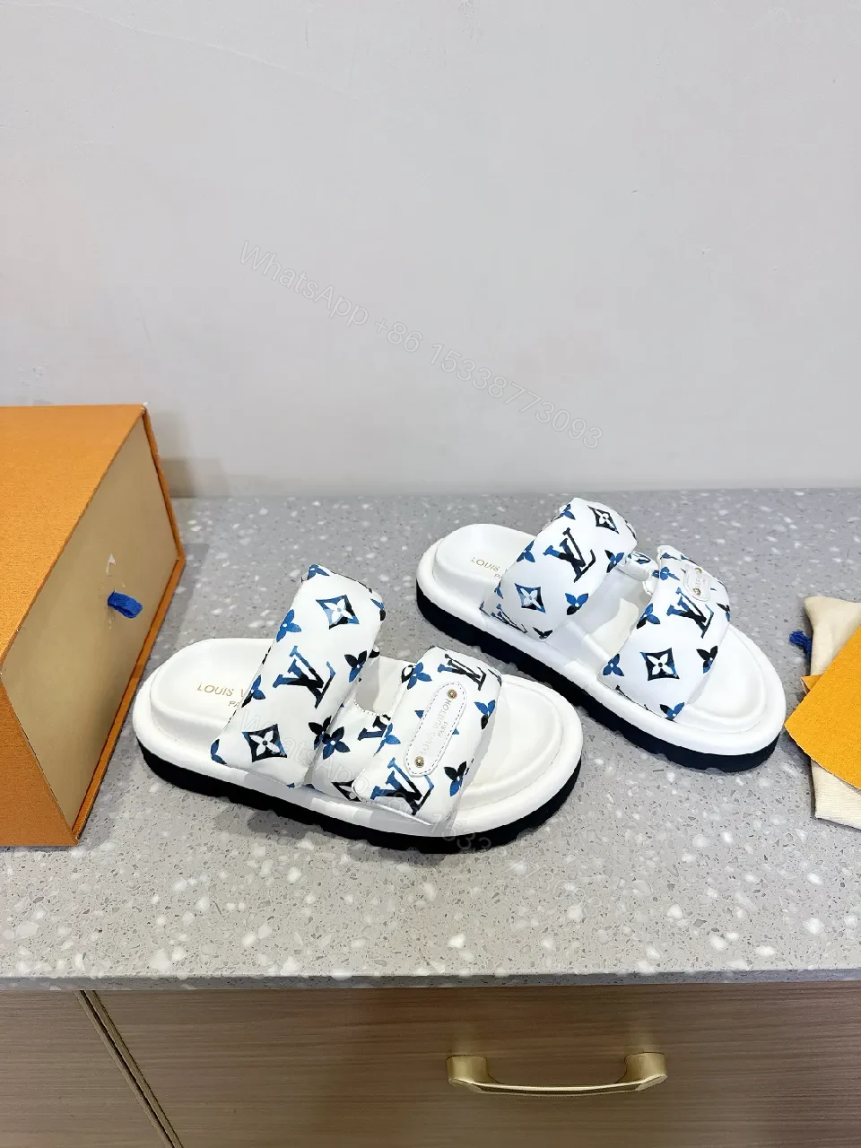 White & Navy Designer-Inspired Slides: Bold Comfort, Monogram Style — view 1