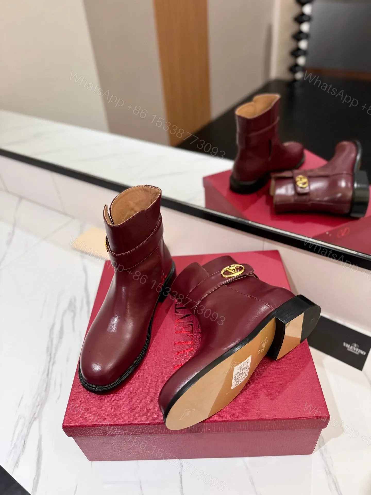 View 2 of Valentino Women Burgundy Leather Ankle Boots