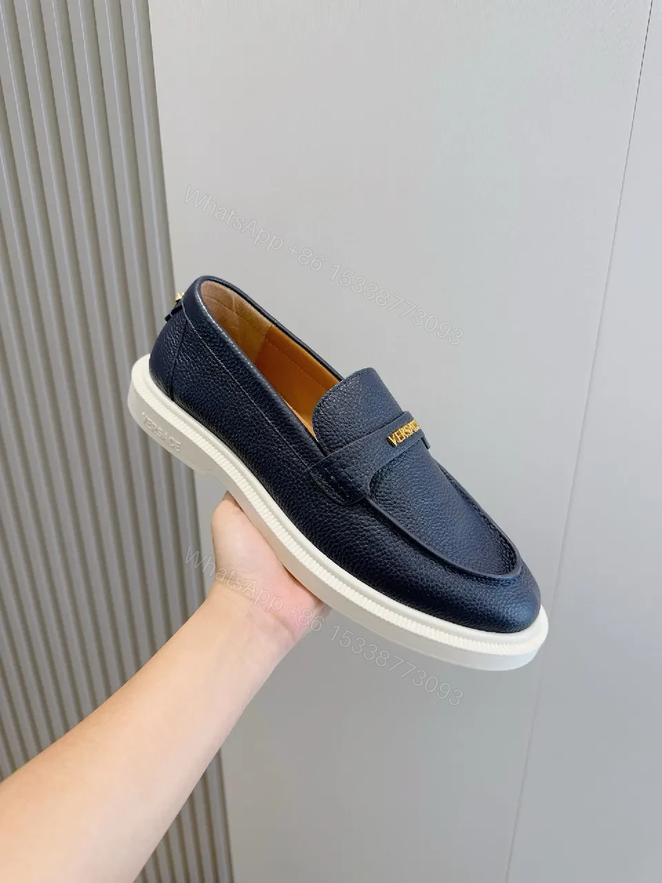 View 6 of Navy Leather Slip-On Loafers with Gold Branding
