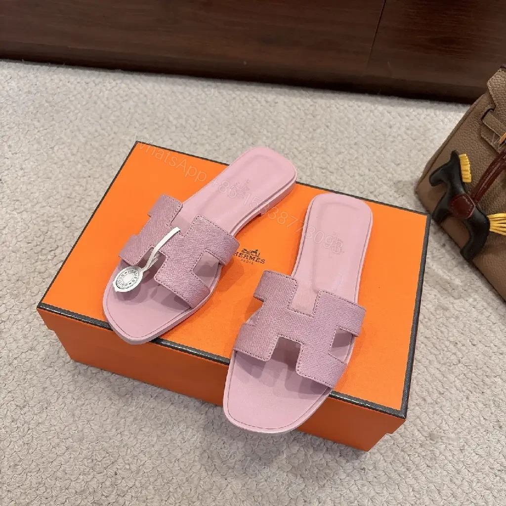 View 6 of Pastel Lavender Leather Sandals: Luxury Comfort Slide with H Motif