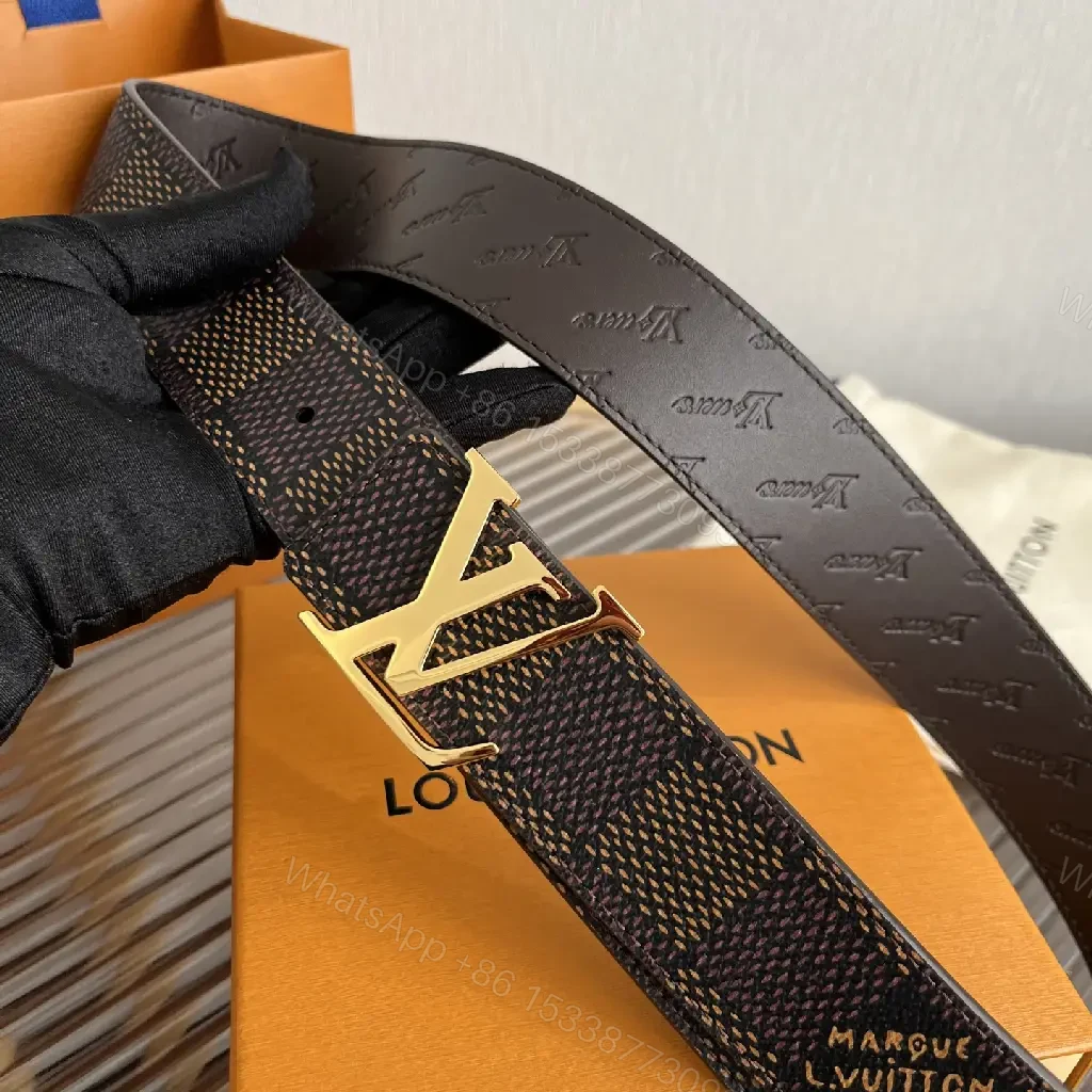 View 2 of Dark Brown Checkered Belt | Louis Vuitton Logo Buckle Luxury Accessory