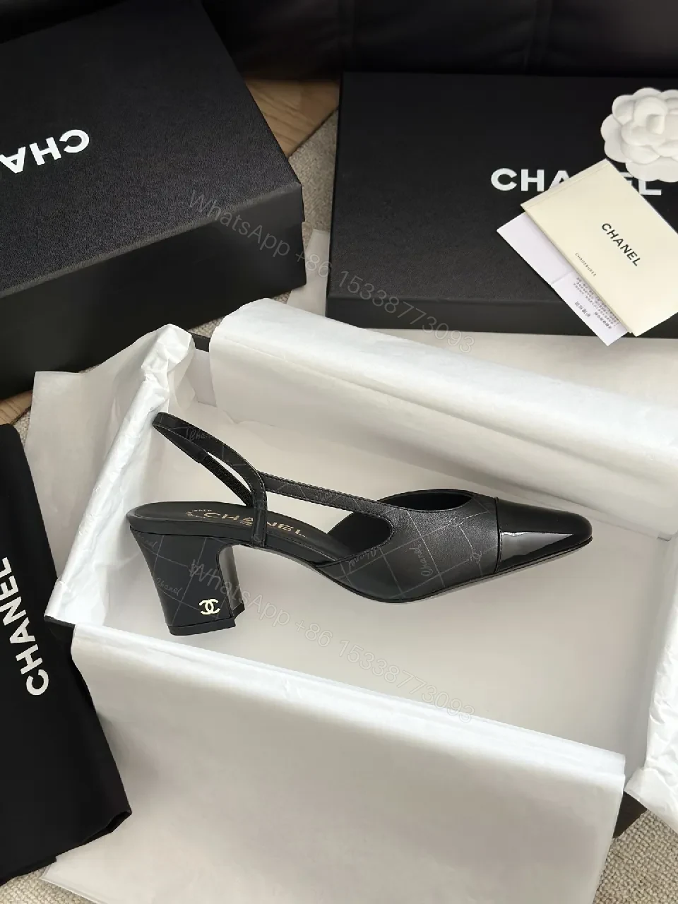 View 4 of Black Leather Slingbacks with Cap Toe – Quilted, Durable Comfort