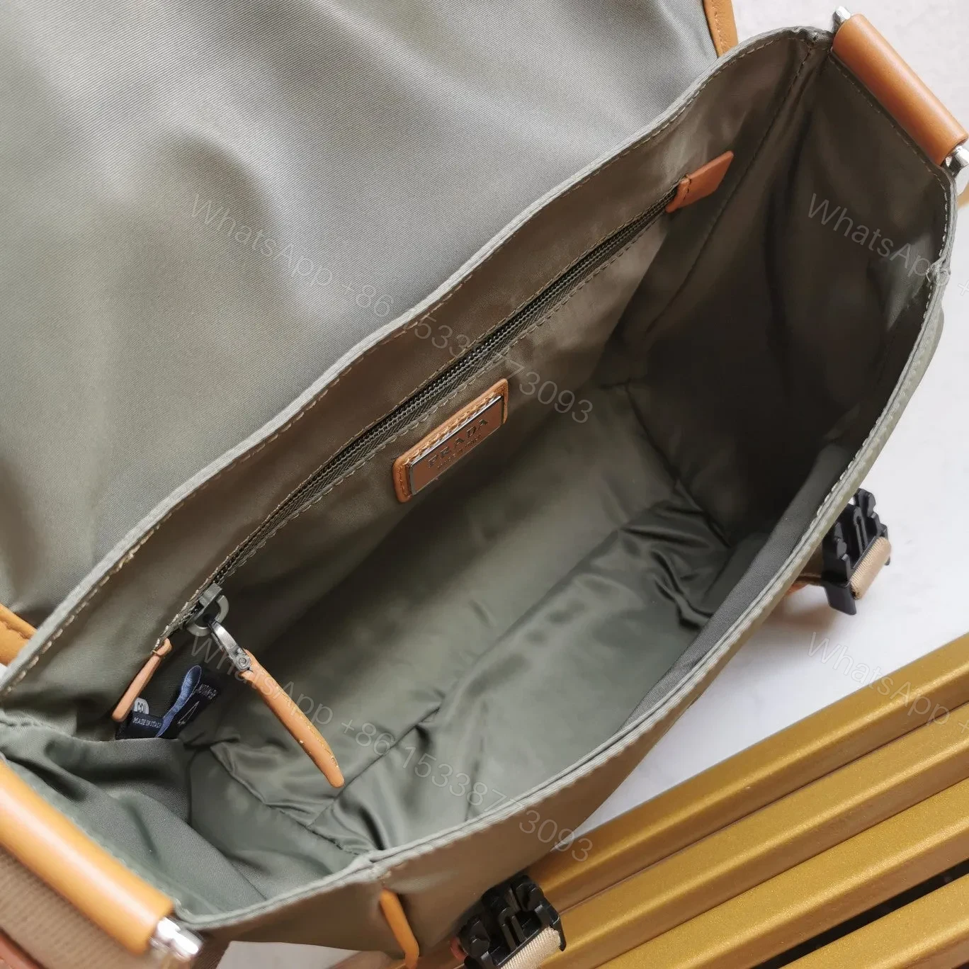 View 9 of MESSENGER BAG 20 IN KHAKI GREEN RE-NYLON AND BROWN CALFSKIN TRIM