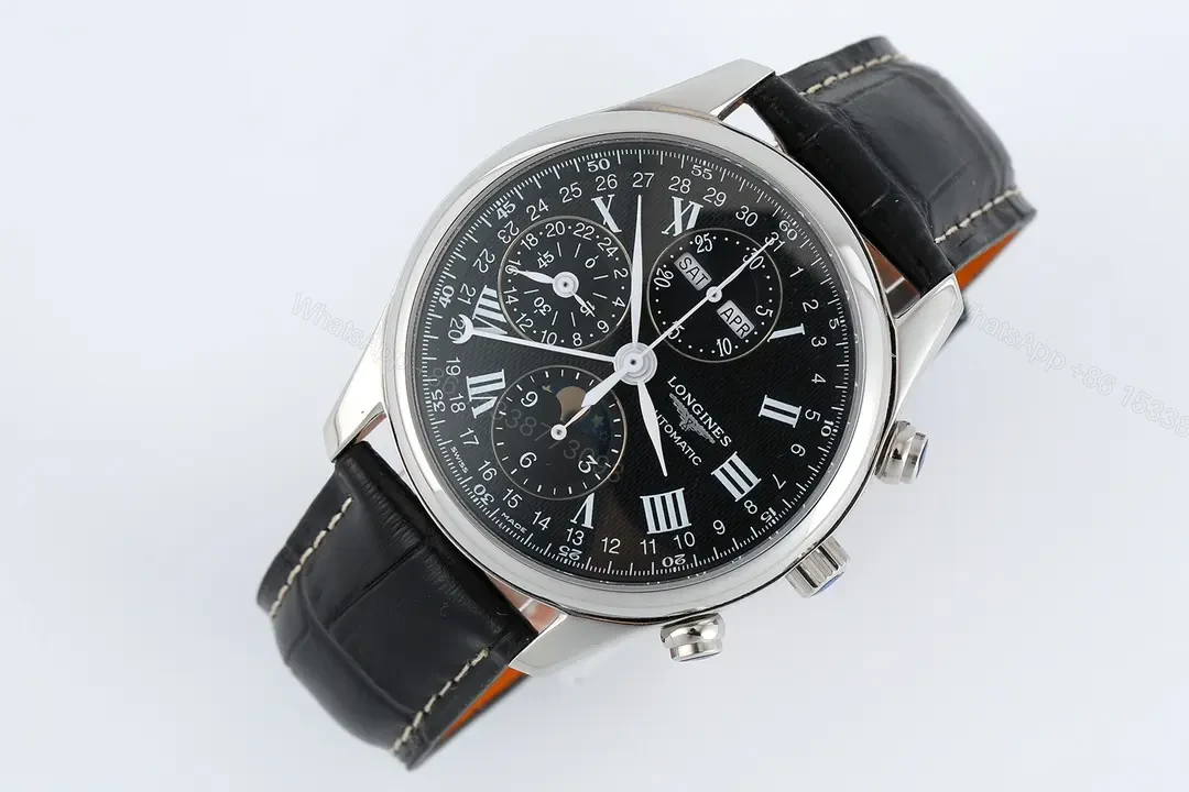 View 2 of Longines Master Collection Moonphase Eight Hand V4 Edition Black Dial Stainless Steel Case Leather Strap