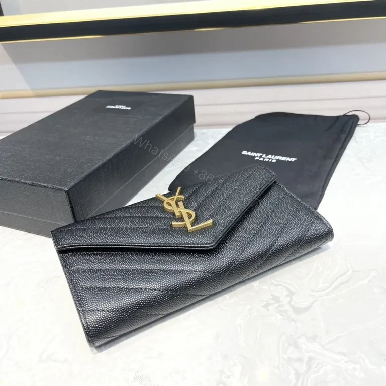 View 7 of Sleek Black Pebbled Leather Envelope Wallet - YSL Signature
