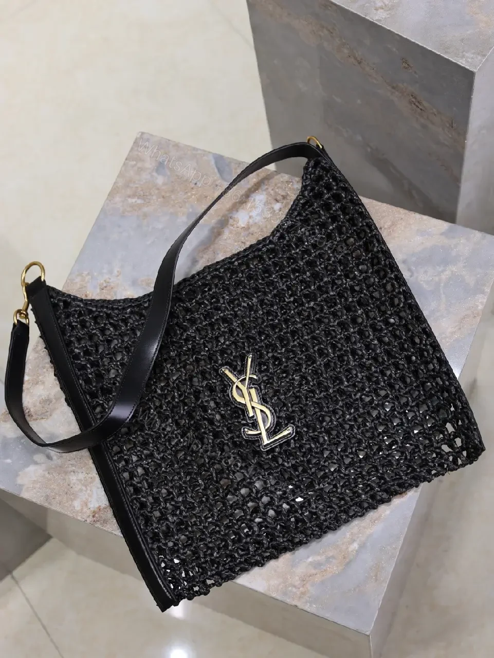 View 10 of Open-Knit Mesh Tote: Black Leather, Gold Monogram, Luxe Style