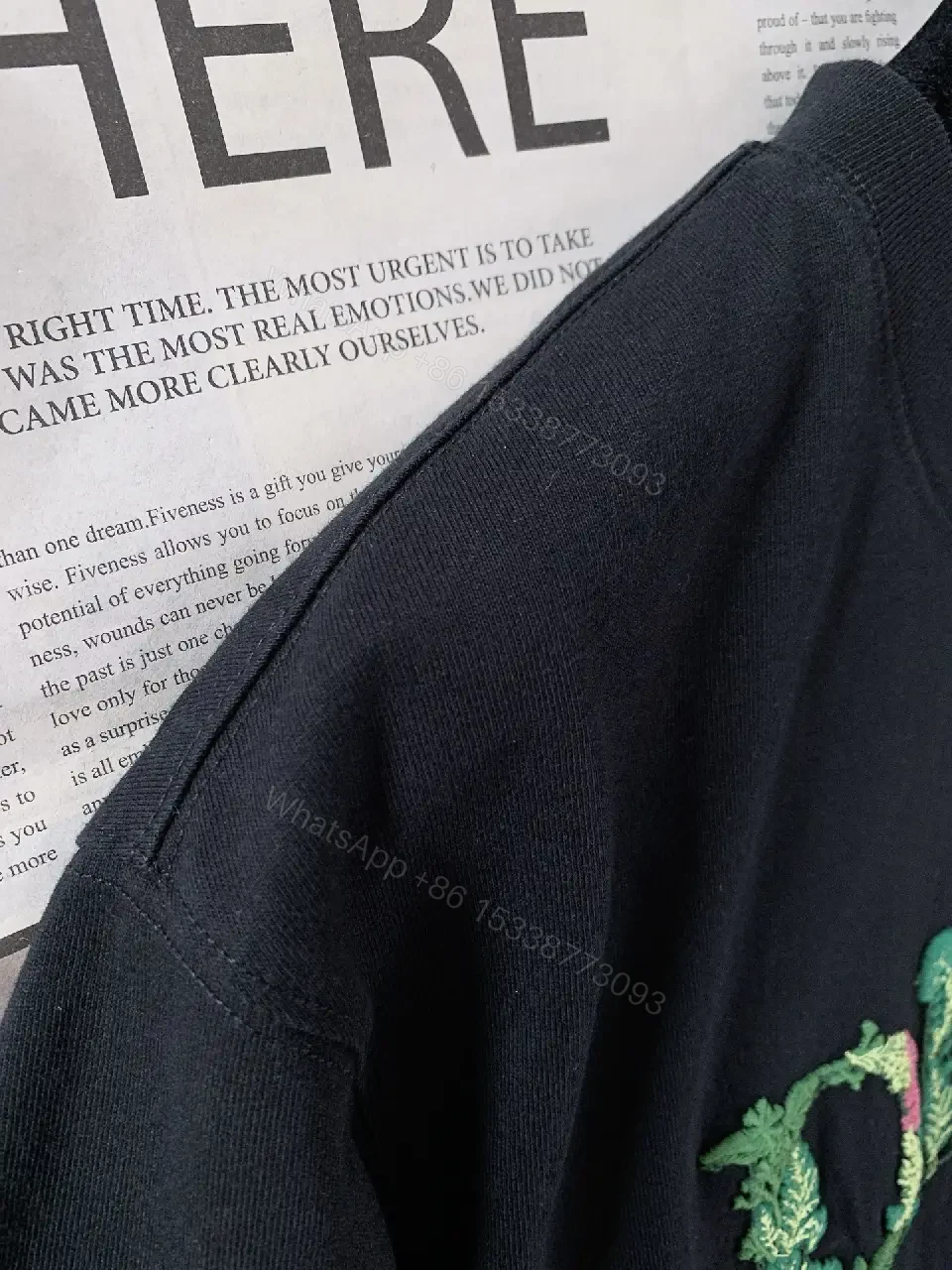View 4 of Black Cotton Dior T Shirt Embroidered Leaf Logo Tee