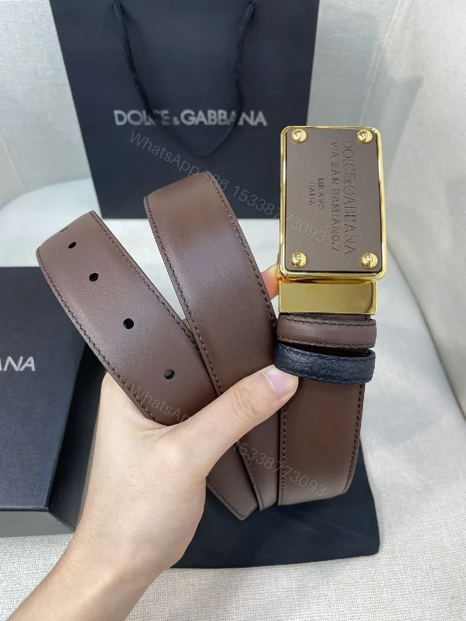 View 6 of Elegant Leather Belt with Gold-Tone Hardware, Timeless Luxury