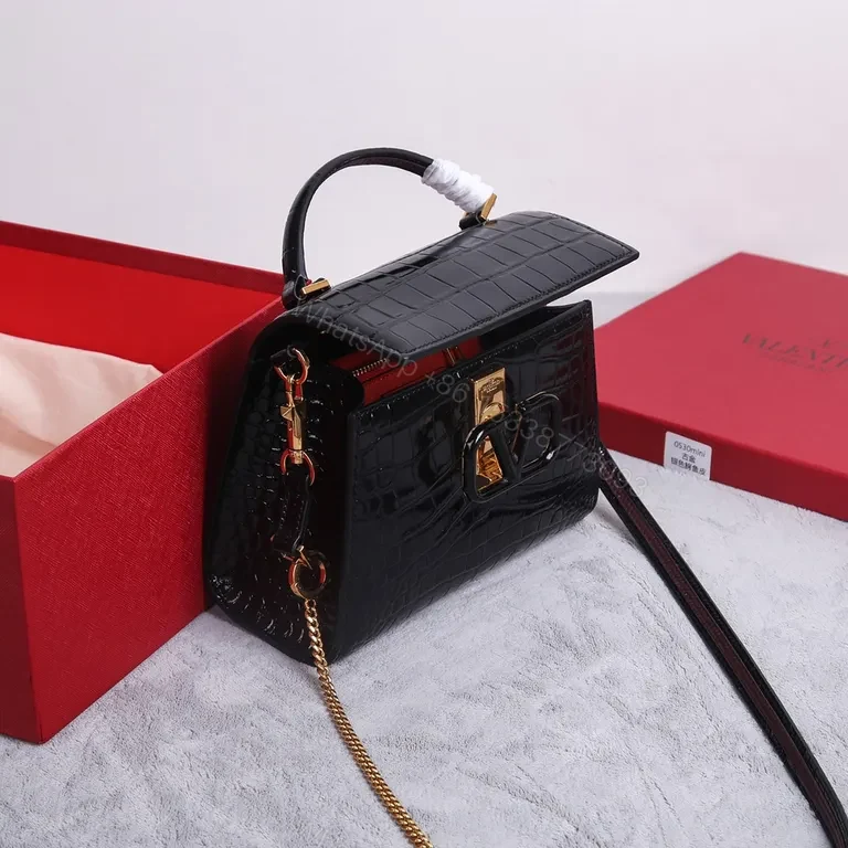 View 2 of Croc-Embossed Satchel: Black Calfskin Valentino Bag