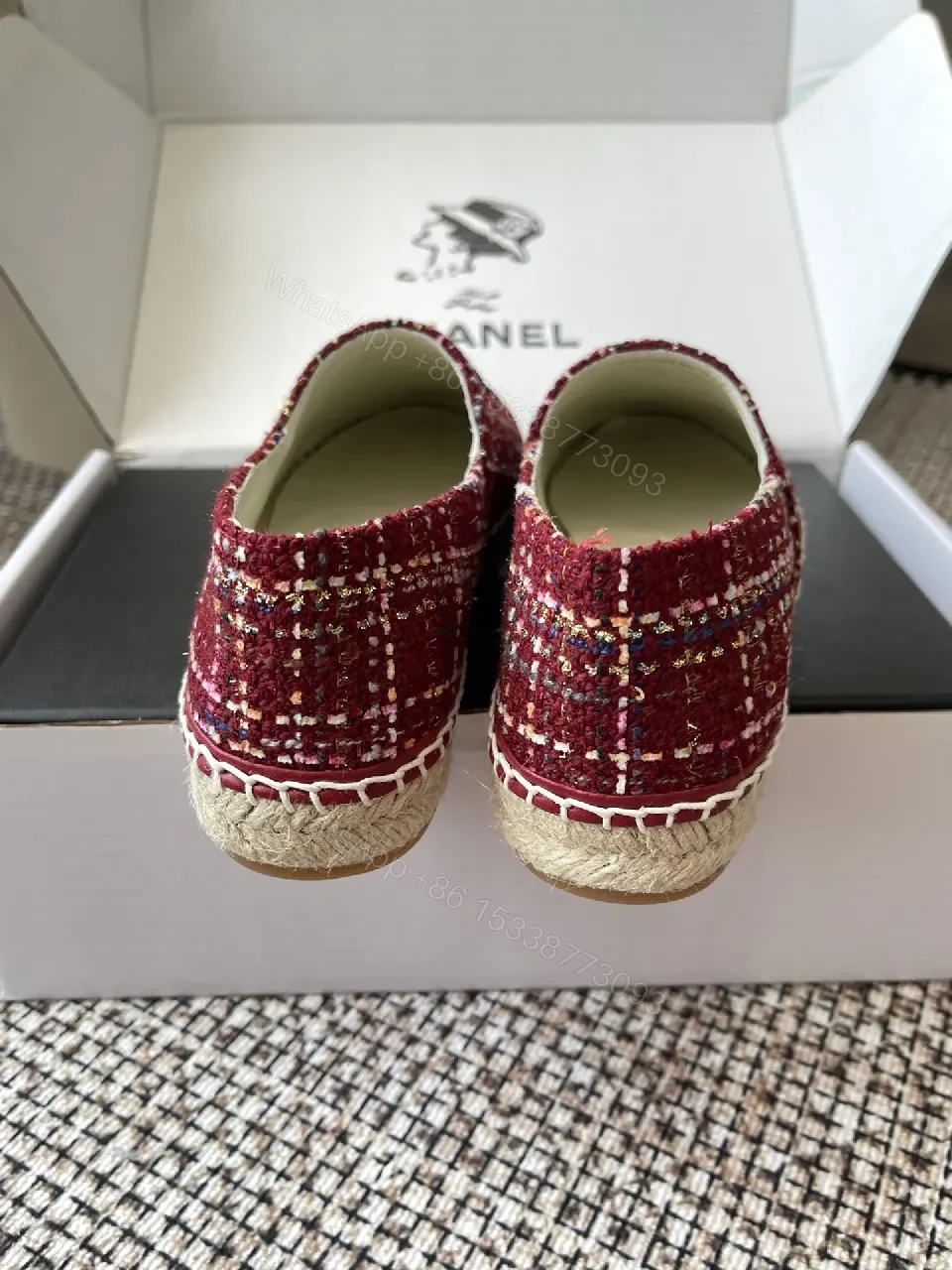 View 3 of Red Tweed Espadrille Loafer with Double-C Logo