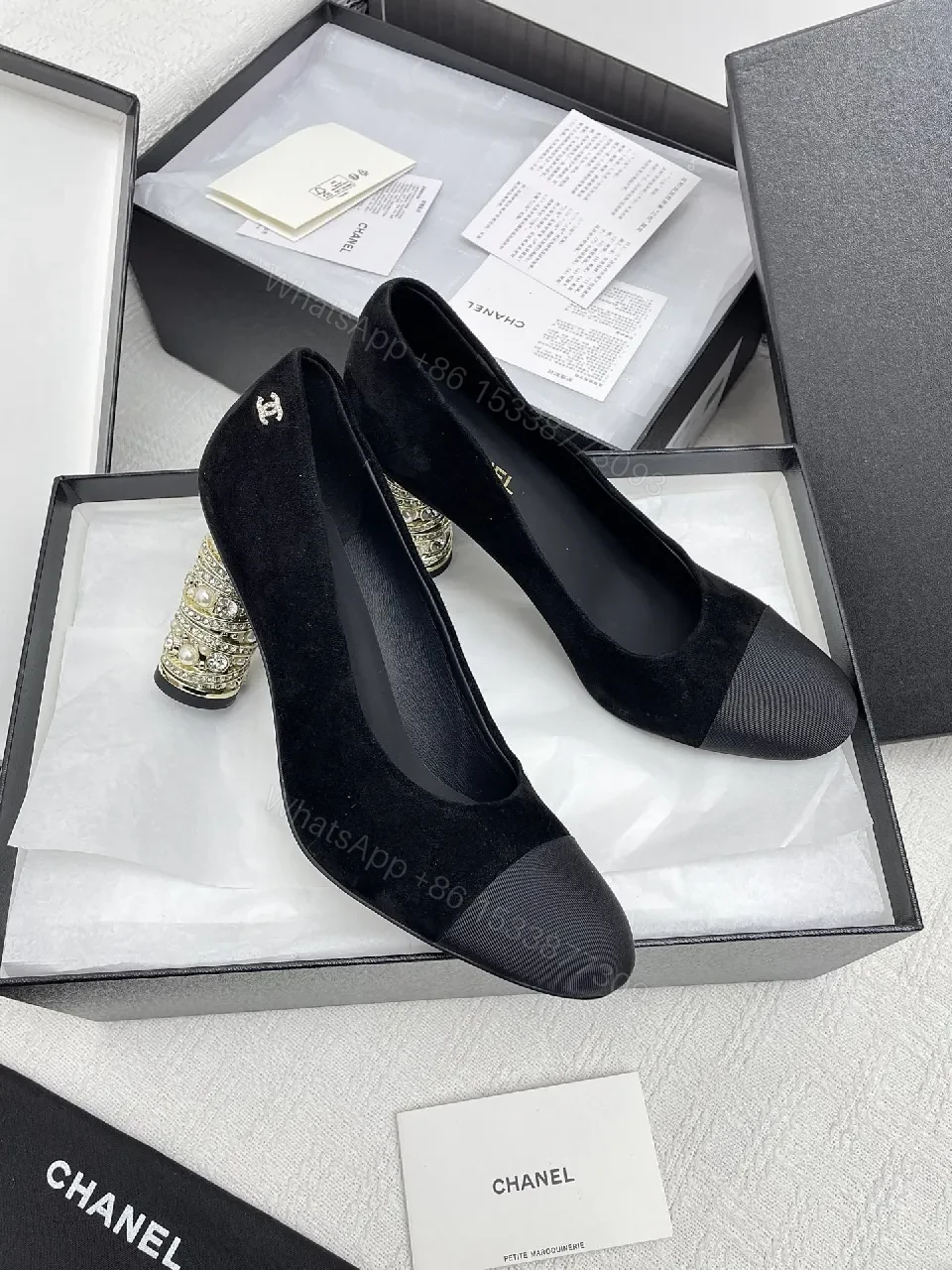 Black Velvet Pumps + Velvet + Classic + Bead-embellished Heel + Pump — view 1