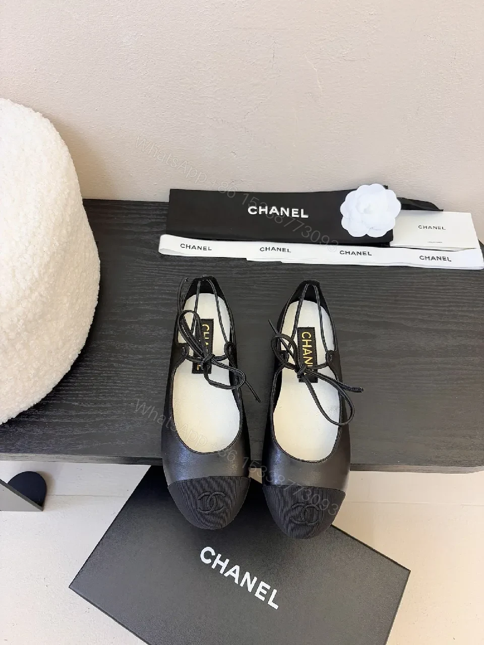 View 5 of Chic Black Leather Ballet Flats with Subtle Logo Detailing